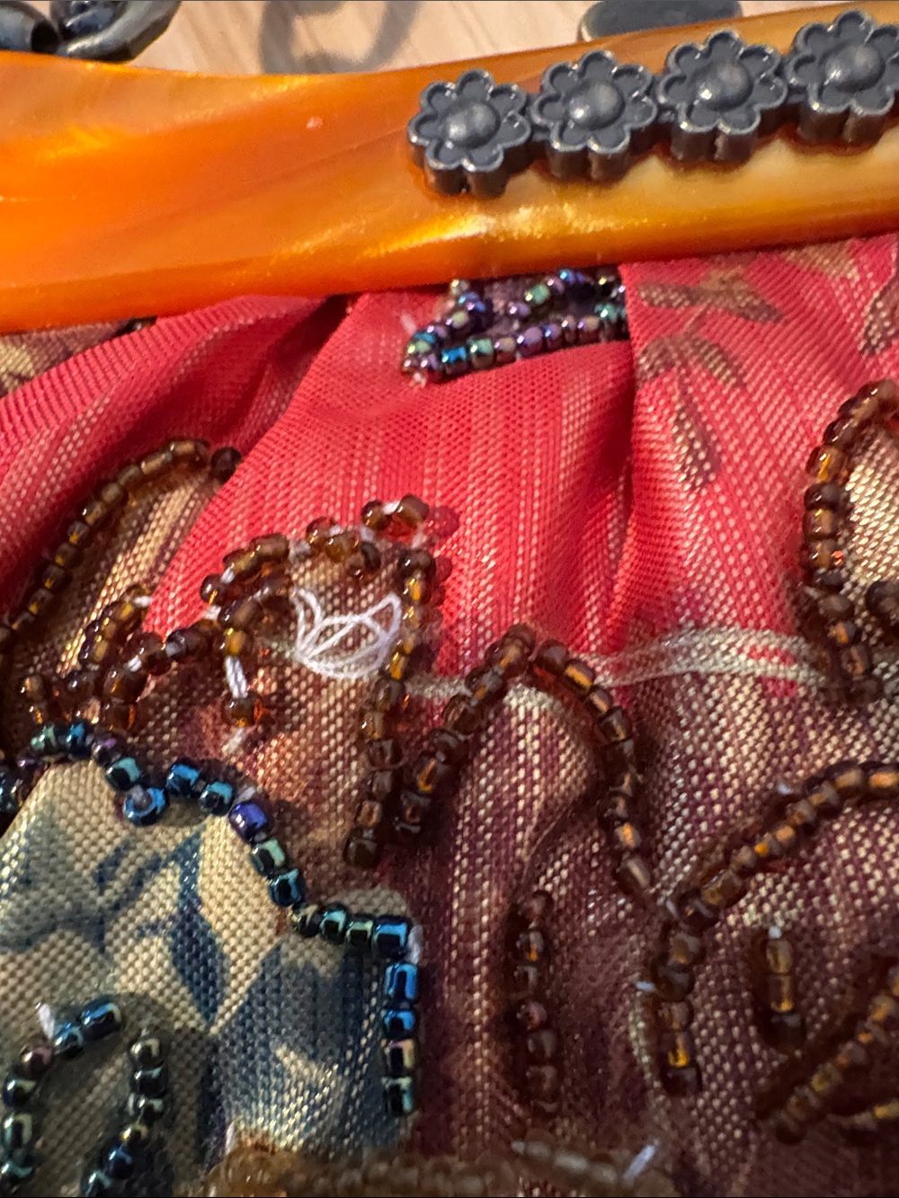 Floral Beaded Orange Satiny Evening Bag with Chain Handle Cross-Body Chain - Picture 5 of 10